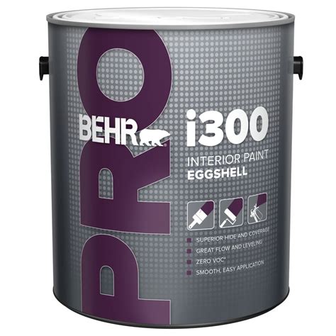  BEHR PRO i300 Eggshell Interior Paint has a soft, velvety luster appearance. This professional quality latex paint has superior hide and coverage, excellent sprayability, spray and back-roll, and superior touch-up. Use on properly prepared and primed drywall, concrete, masonry, wood and metal surfaces in both residential and commercial ... 